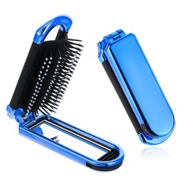 Folding Travel Hair Brush, Small Foldable Hairbrush Compact Hair Brush with Mirror and Round Tip Nylon Bristles for Women and Men, Portable Pocket Size Comb for Car Gym Bag Purse (Electroplating Blue)