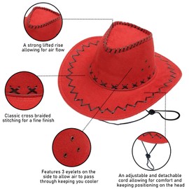 Western Cowboy Hat Red Sun Cap Faux Felt Leather Suede Fancy Dress Party Costume Outfit Travel Outdoor Sun Protection Mens Womens