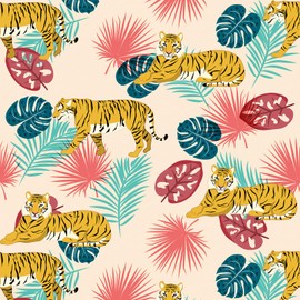 FANCYEASY Gold Tiger Peel and Stick Wallpaper Jungle Animal Print Wallpaper for Furniture Self Adhesive Removable Palm Leaf Contact Paper Decorative Funky Wallpaper for Bedroom Nursery 12''x472''