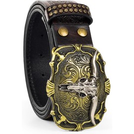 IZUS Rodeo-Longhorn Western-Cowboy-Belt for Men-Women PU-Leather Cowgirl-Belt Skull-Metal-Buckle Jeans for 32-40" Waist