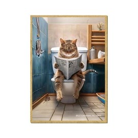 Brown Tabby Cat on The Toilet Reading Newspaper Magnet, 2.5 x 3.5 inches – Funny Gag Gift Wooden Magnet, Great Trendy Bathroom Animal Art (SJT09815)