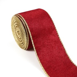 Red Velvet Ribbon, 2.5 Inch x 10 Yards Metallic Red Gold Wired Ribbon Christmas Ribbon for DIY Crafts Gift Wrapping Christmas Tree Bows Wreath Decorations