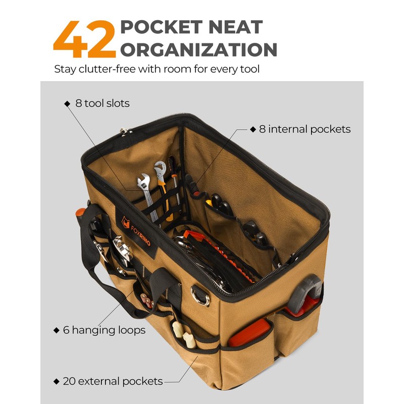 Foxrino Heavy Duty Tool Bag 16-Inch, 42-Pocket Portable Empty Tool