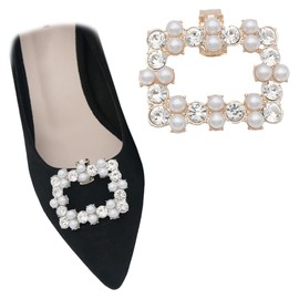 2 PCS Square Rhinestones Pearls Shoe Clips Removable Rhinestones Shoe Buckles Shoe Decorations Charms for Wedding Party Pumps Gold Base with White Pearls