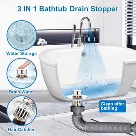 Sink Drain Strainer, Pop Up 3 in 1 Bathtub Drain Plug with Stainless Steel Filter Basket Plug Sink, Sink Plug for 37-50mm Sink, Brass Ball Core, Chrome