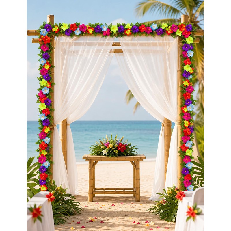 2 Pcs Tropical Hibiscus Flower Garland, 7 FT Artificial Monstera