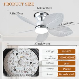 GJeg Tropical Ceiling Fans with Light, 38-inch Flush Mount Palm Leaf Ceiling Fans for Bedrooms, Indoors and Outdoors, Remote Control/APP Control, 6-Speed, Dimmable, Reversible,Chrome