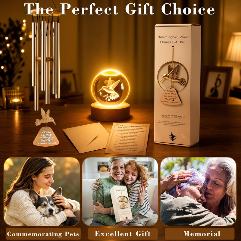 Memorial Wind Chimes with Hummingbird Crystal Ball, Sympathy Wind Chimes