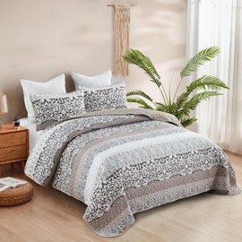 DJY Boho Quilt Set King Size Taupe Patchwork Striped Bedspread Coverlet Set 3 Piece, Light Khaki Soft Microfiber Paisley Print Bedding Set for All Season, 104''x90''
