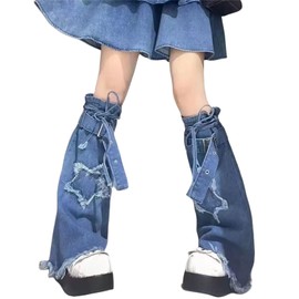 Inpunktoo Y2k Goth Hippie Leg Warmers Cyber Punk Denim Star Flared Harajuku Fashion Cute Grunge Rave Pentagram Baggy Gothic Dance Jean Buckle Flare Summer Steampunk Long Legwarmers for Women, Blue