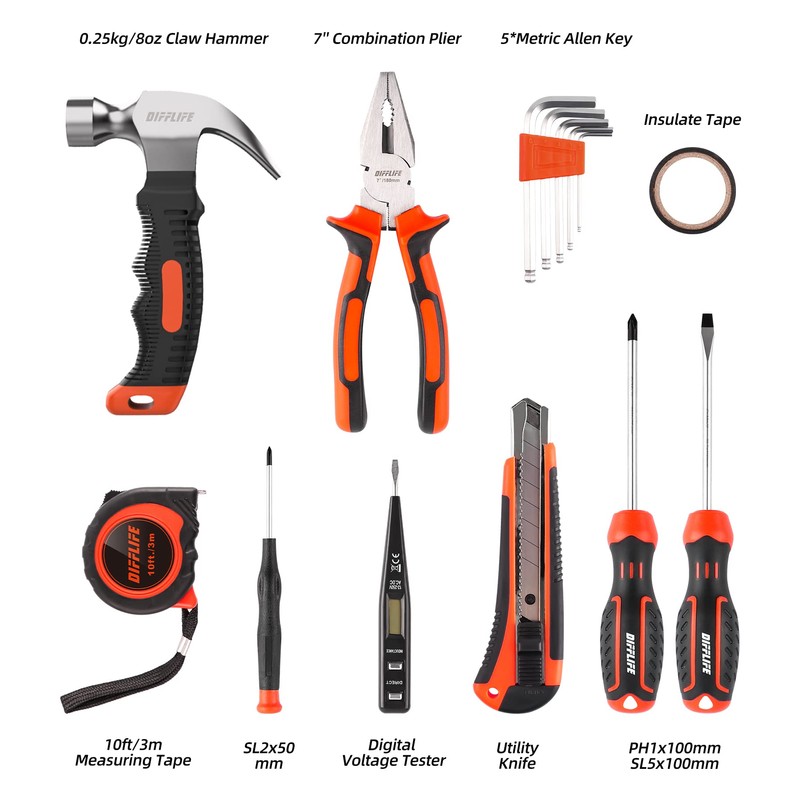 DIFFLIFE Tool Sets Household Tool Kit 15-Piece,General Home/Auto Repair Tool