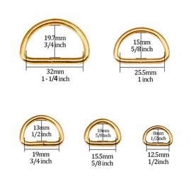 Swpeet - Anillo en D semicircular de 120 piezas de metal multiusos para bolsas de herramientas, anillo, manualidades, accesorios de bricolaje – 1/2", 5/8 pulgadas, 3/4 pulgadas, 1 pulgada, 5/4 pulgadas, Dorado, 120
