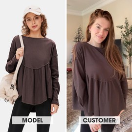 EXLURA Waffle Knit Long Sleeve Shirts For Womens Crewneck Loose Babydoll Tunic Tops Maternity Tops Fall Fashion 2024 Clothes Dark Brown