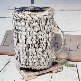 French Press Cozy Cover, Insulating - Cafetiere Cosy, Bean Belt Wrap, Teapot Warmer, Country Knit Farmhouse, Natural Wool, 1L - Mocha Brown