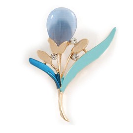 Light Blue/Teal Enamel Cat's Eye Stone Flower Brooch In Gold Tone - 50mm L
