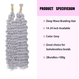 Kameinike Kameinike Grey Deep Wave Bulk Human Hair for Boho Braids, 2 Bundles/Pack 100g No Weft 12A Curly for Human Braiding Hair Extensions22 Inch