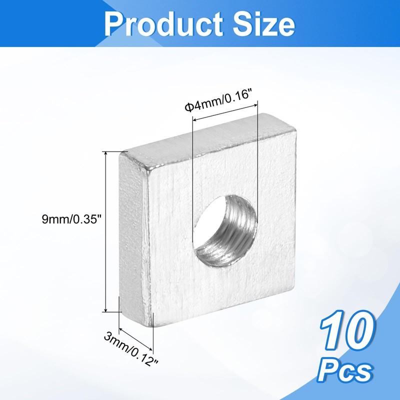 sourcing map 10Pcs M4x9mmx3mm Square Nuts, Carbon Steel Zinc Plated