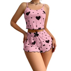 Women’s 2 Pieces Heart Print Summer Pajama Set Scoop Neck Sleeveless Cami Tops + Shorts, Sexy Sleeveless Sleepwear PJ Set Soft Loungewear Comfy Nightwear (UK, Alpha, XL, Regular, Regular, Pink-black)