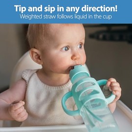 Dr. Brown's Milestones - Botella de paja estrecha para sorbos a prueba de derrames con asas 100% de silicona y paja con peso, 8 onzas/250 ml, gris y verde, 6 m+