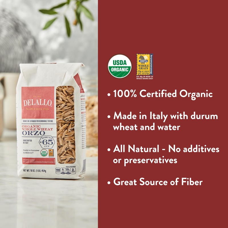 DeLallo Whole Wheat Orzo Pasta, Organic, Vegan, Made with Only