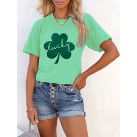 0% Irish St. Patrick's Day Shirts for Women Four-Leaf Clover Printed Short Sleeve Tee Tops (Green 1, M)