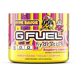 G Fuel Hype Sauce Electrolytes Powder, Water Mix for Hydration, Energy and Focus, Sugar Free, Zero Caffeine Supplement with Essential Minerals, Raspberry + Lemonade Flavor - 3.3 oz (30 Servings)