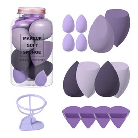 14 Pcs Makeup Sponges Set, 2024 New Soft Beauty Blender with 4 pcs Mini Make-up Sponges and Puffs and 1 pcs Stand, Dry & Wet Use Makeup Sponge Set for Mix Foundations, BB Creams, Concealer (Purple)