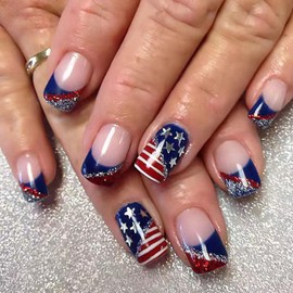 4th of July Press on Nails Mediuim Square Fake Nails with American Flag Designs Blue Red Glitter French Glue on Nails Press ons Independence Day False Nails Full Cover Stick on Nails for Women 24 Pcs