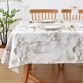 Yofori PVC Wipe Clean Tablecloth, Marble Floral Pattern Wipeable Table Cloth Vinyl Waterproof Table Cover for Kitchen Dining Outdoor Garden Picnic (Pearl White,137x180cm)