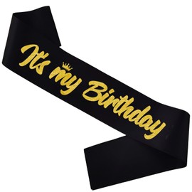 FSJJLLU ‘It's My Birthday' Birthday Sash Black with Glitter Gold Letters-Birthday Sash for Women or Men, 21st 30th 40th 50th 60th Birthday Sash