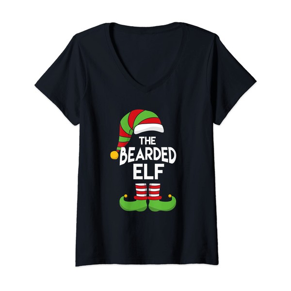 Womens Funny Bearded Elf Christmas Costume Santa Helper Matching V-Neck