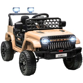 Qaba 12V Ride On Truck, Battery Powered Kids Electric Car with 4 Suspension Wheels, Remote Control, 3 Speeds, LED Headlights, Horn, USB Music, Khaki