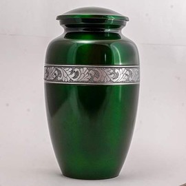 Silver Engraved Aluminium Cremation Urn for Human Ashes Adult - Handcrafted Funeral Memorial Ash Storage Urn - Bag Included (Green, 6.5" x 6.5" x 10.5" - 200lbs or 91kg)