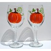 2 Pumpkin Stemmed Hand Painted Wine Glasses Set