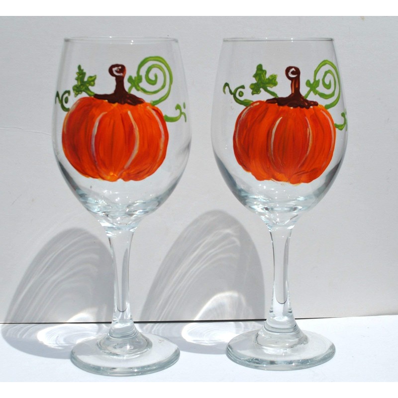 2 Pumpkin Stemmed Hand Painted Wine Glasses Set