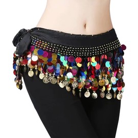 Cinturón de monedas para mujer, bufanda de cadera con flecos, Negro 2, 0X