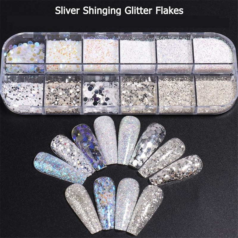 1 box 12 patterns silver holo glitter nail parts nail
