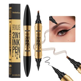 Hulyfw 2-in-1 Dual-Ended Eyeliner Eyebrow Pencil, Light Brown & Black, Long-Lasting Waterproof & Smudge-Proof, Natural & Defining for Women