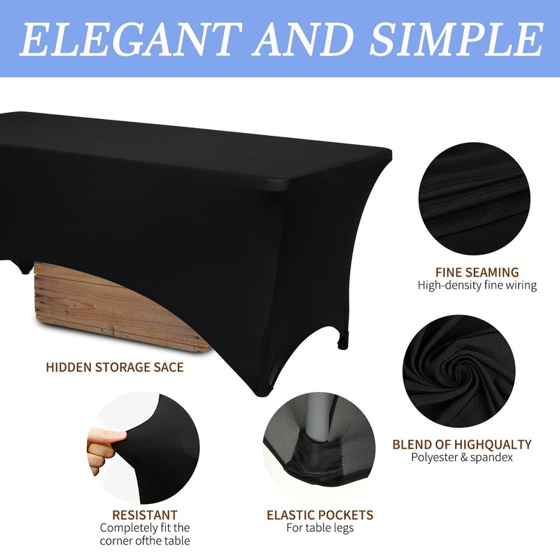 Kapwall 6ft table cloth, Black Spandex Tablecloth Tight, Fitted, Washable
