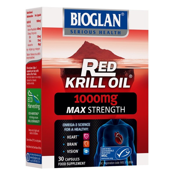 Bioglan Red Krill Oil Max Strength 1000 mg, high in Omega-3 Fish Oil, EPA & DHA help to support your Heart, Eye and Brain health, one month supply – 30 capsules