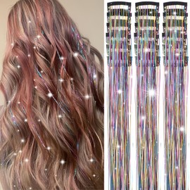 Obinying Clip in Hair Tinsel Pack of 18 Pcs Hair Tinsel Clip in 20.5 Inch Glitter Tinsel Hair Extensions Fairy Hair Tinsel Kit Clip in Party Festival Hair Accessories for Girls Women Kids (Rainbow)