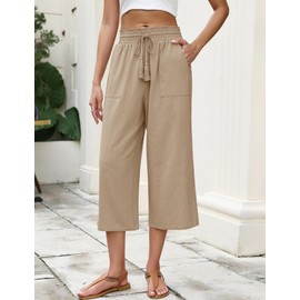 LOMON Khaki Linen Pants for Women Capri Yoga Pants Workout Wide Leg Loose Flowy High Waisted Summer Lounge Baggy Elastic Waist Drawstring Casual Palazzo Trousers with Pockets Khaki Medium