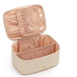 OCHEAL Beige Makeup Bag,Travel Makeup Organizer Bag, Large Capacity Cosmetic Bags For Women Large Travel Toiletry Bag Girls Traveling With Brush Slot And Divider-White