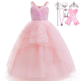 Houtclort Glinda Costume for Girls Pink Bubble Tulle Dress Princess Sequins Mesh Outfits with Crown and Wand (Pink, 10-11Y)