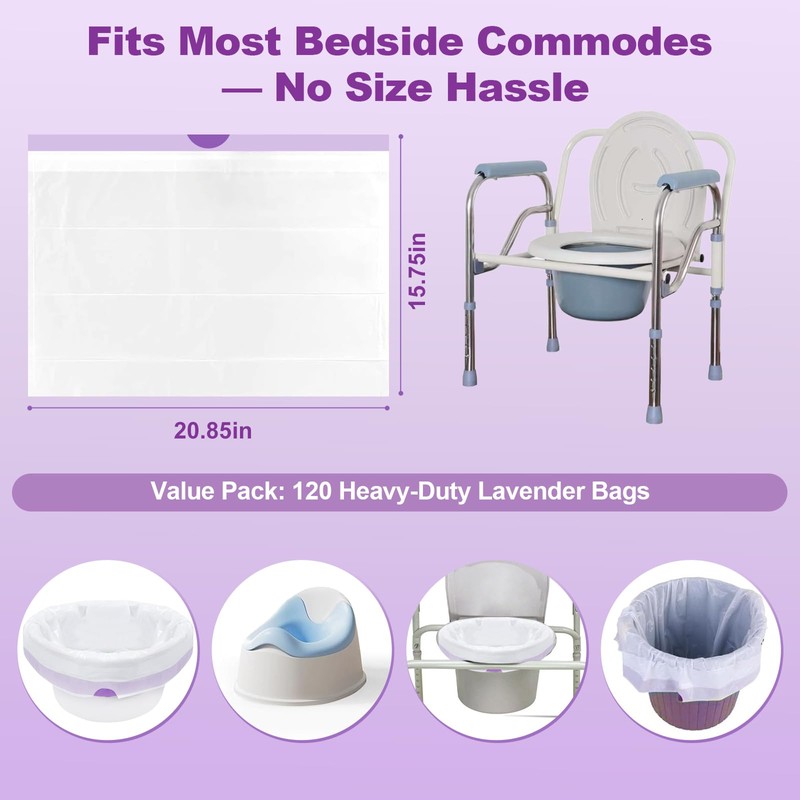 Commode Liners - 120 Lavender Scented Disposable Commode Bags, Leak-Proof
