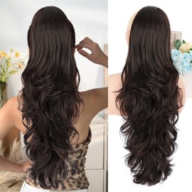 AISI BEAUTY Ponytail Extension, Brown Drawstring Ponytail Extension for Women 26 Inch Synthetic Long Wavy Dark Brown Layered Pony Tails Hair Extensions Clip in hairpieces fow Women