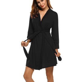 HOTOUCH Lounge Robe for Women Petite Above Knee Length Sleep Robes Super Soft 3/4 Sleeve Bathrobe Knit Nightwear wtih Pockets Black XS