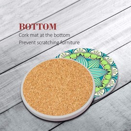 Bribay Coaster for Drinks Set of 6, Moroccan Boho Mandala Colorful Pink Absorbent Round Ceramic Stone Mat, with Cork Base and Metal Holder, Gift for Housewarming Room Bar Decor