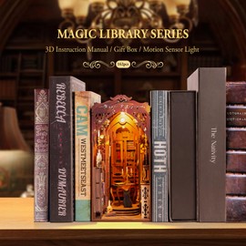 DIY Book Nook Kit 3D Wooden Puzzle Shelf Insert with Motion Sensor LED Light- Miniature Dollhouse Bookend Decor for Adults and Teens - Creative DIY Gift Box