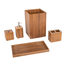 Seville Classics Seville Classics Bamboo Eco-Conscious Bathroom Vanity Organizer Set Kitchen Home Over The Sink Trash Bin, Soap, Cotton Ball Holder, Towel Tray, 5 Piece, Bamboo
